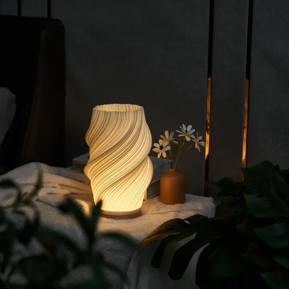 Wave Shade Table Lamp Metal &amp; Wood Base 20.5–30 cm | 3-Step Dimmable, USB-Powered | Warm &amp; Natural White Light