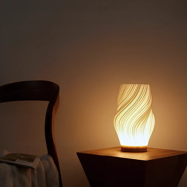 Wave Shade Table Lamp Metal &amp; Wood Base 20.5–30 cm | 3-Step Dimmable, USB-Powered | Warm &amp; Natural White Light