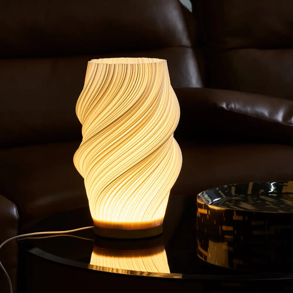 Wave Shade Table Lamp Metal &amp; Wood Base 20.5–30 cm | 3-Step Dimmable, USB-Powered | Warm &amp; Natural White Light
