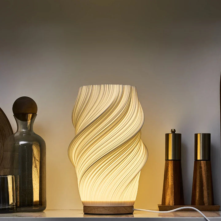Wave Shade Table Lamp Metal &amp; Wood Base 20.5–30 cm | 3-Step Dimmable, USB-Powered | Warm &amp; Natural White Light