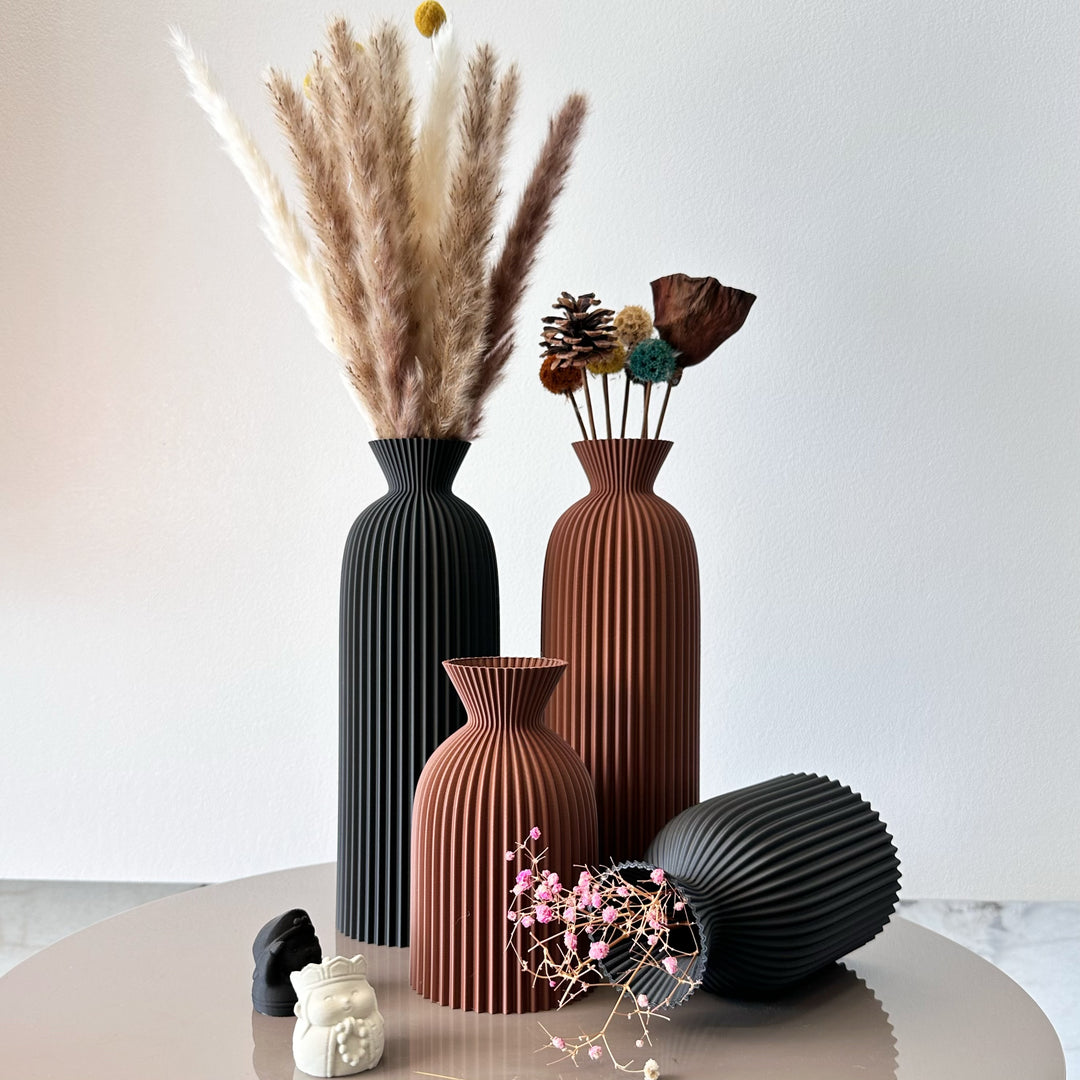 Wavy Pattern Dry Flower Vase Set of Two | Sculptural Wave Design, No Water Needed | Home, Office and Desktop Decor