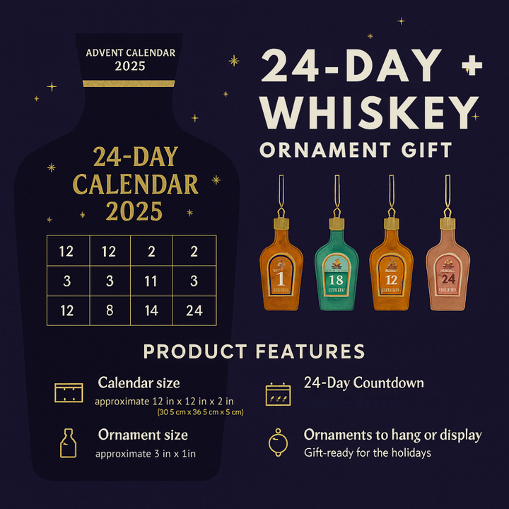 Whiskey Style Advent Calendar | 24 Collectible Mini Bottle Ornaments | Non-Alcoholic Reusable Holiday Countdown Decor