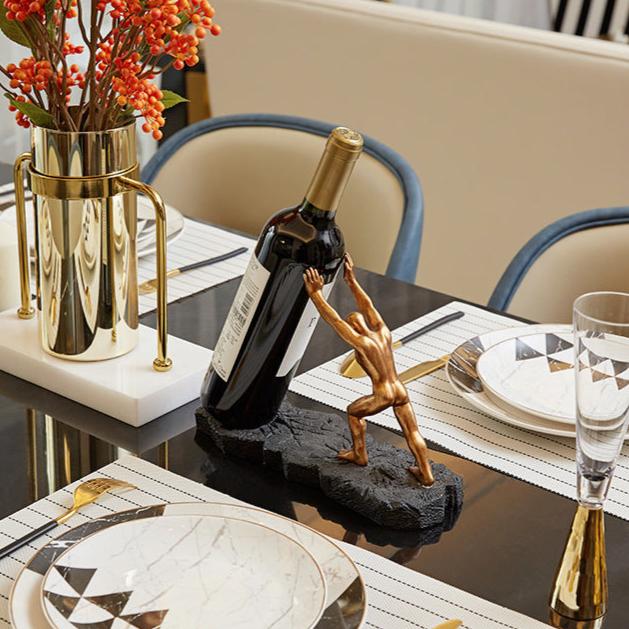 Wine Bottle Holder | Sculptural Gold Figure Stand with Stone-Effect Base for Sideboards and Bars