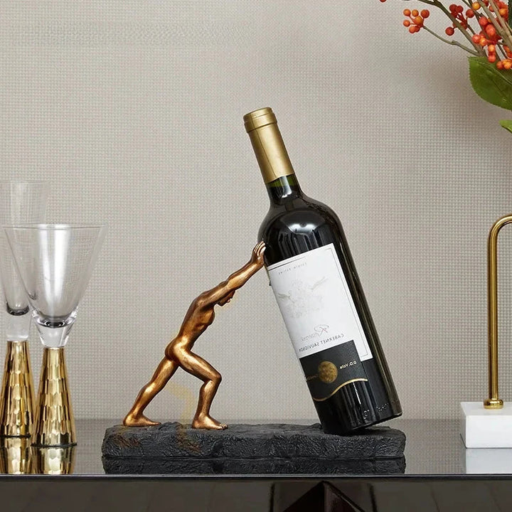 Wine Bottle Holder | Sculptural Gold Figure Stand with Stone-Effect Base for Sideboards and Bars