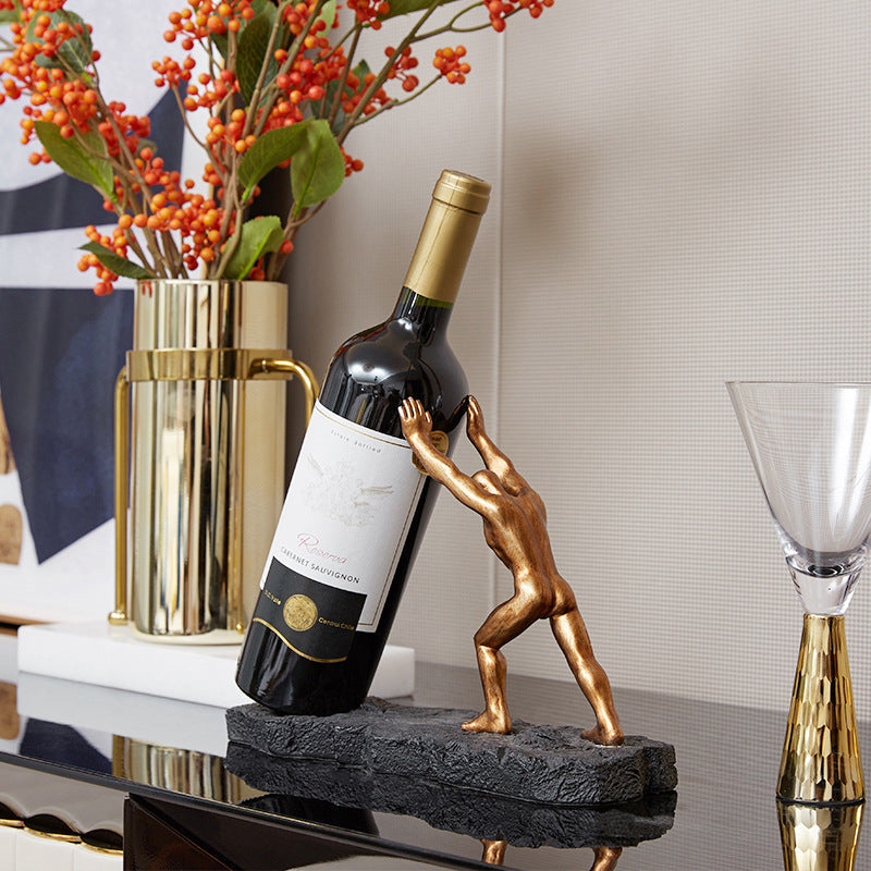Wine Bottle Holder | Sculptural Gold Figure Stand with Stone-Effect Base for Sideboards and Bars