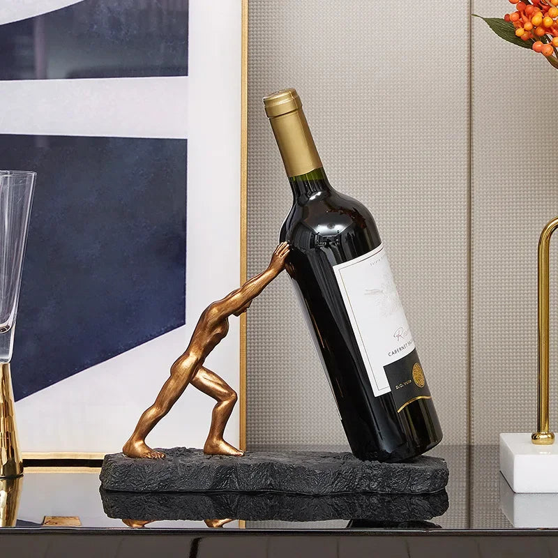 Wine Bottle Holder | Sculptural Gold Figure Stand with Stone-Effect Base for Sideboards and Bars