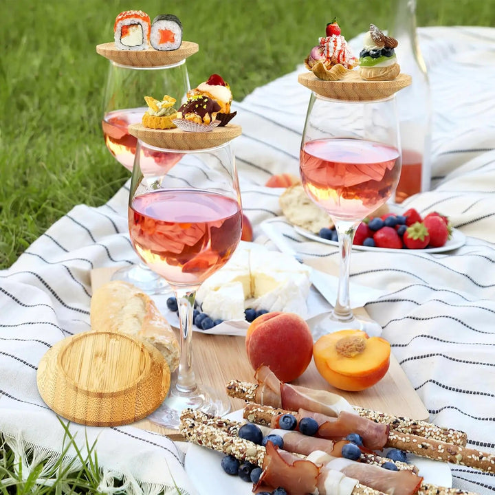 Wine Glass Topper Bamboo Snack Plate Lightweight Easy-Clean with Raised Rim
