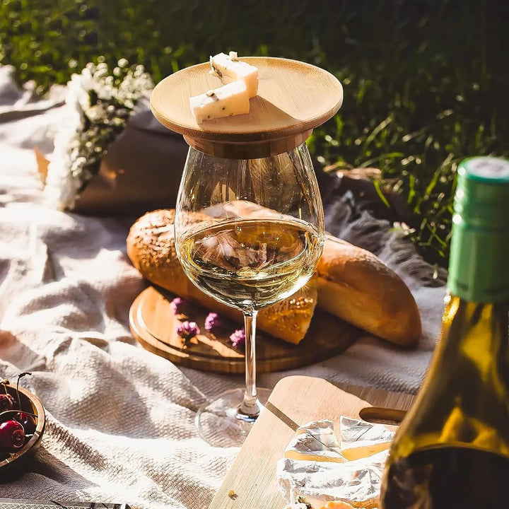 Wine Glass Topper Bamboo Snack Plate Lightweight Easy-Clean with Raised Rim