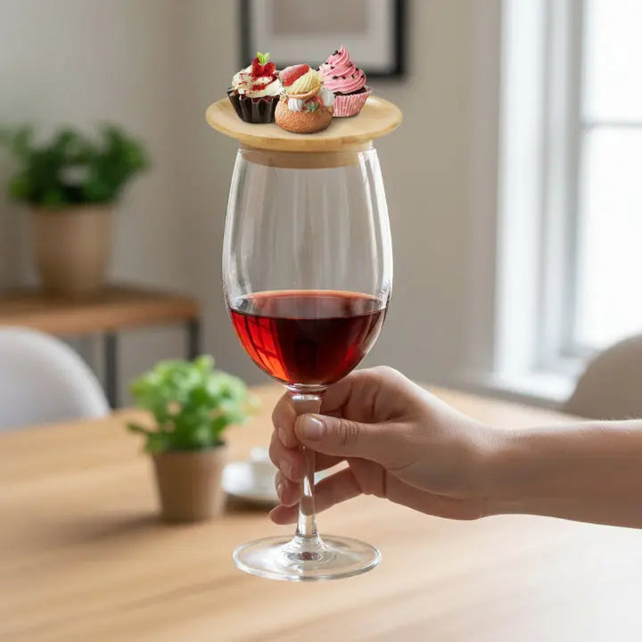 Wine Glass Topper Bamboo Snack Plate Lightweight Easy-Clean with Raised Rim