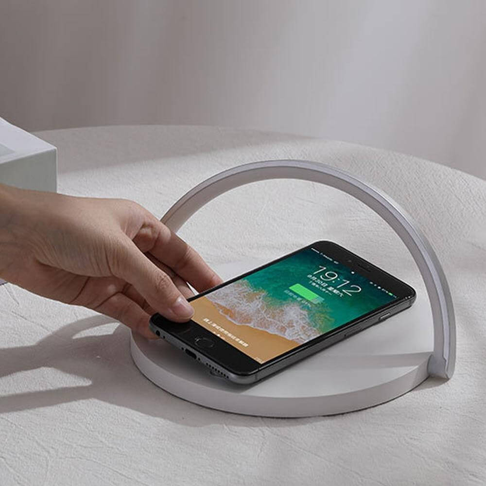 Wireless Charger Lamp 10W | Touch-Dimmable LED Night Light & Phone Stand | Wood Grain or White, No-Flicker Design