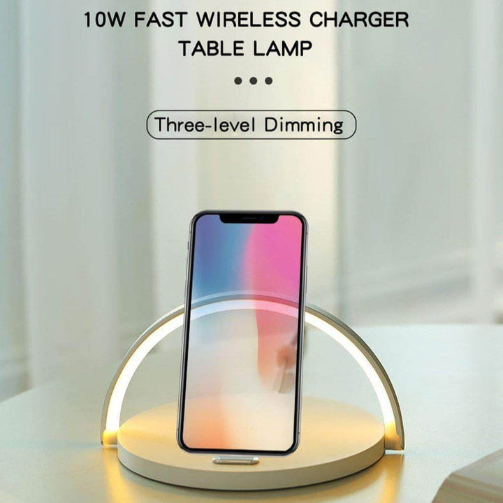 Wireless Charger Lamp 10W | Touch-Dimmable LED Night Light &amp; Phone Stand | Wood Grain or White, No-Flicker Design