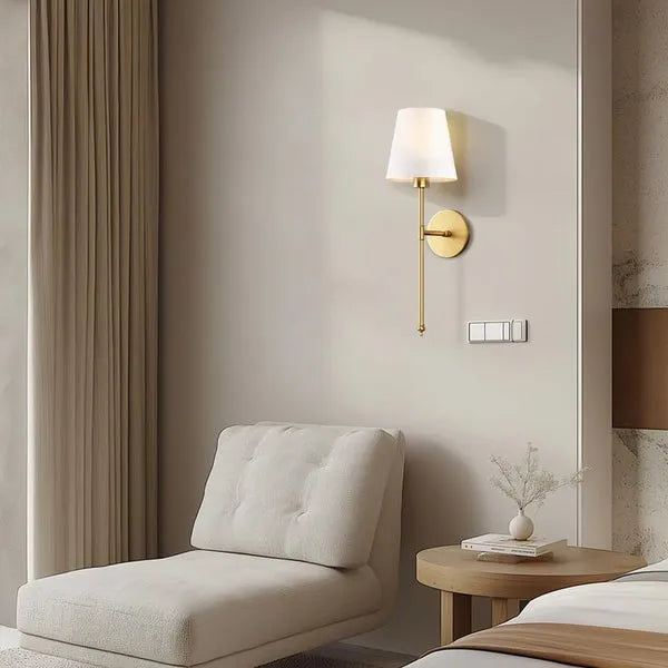 Wireless Wall Sconce with Rechargeable Battery | Brass Finish Fabric Shade | USB Charging, No-Drill Adhesive Mount