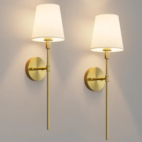 Wireless Wall Sconce with Rechargeable Battery | Brass Finish Fabric Shade | USB Charging, No-Drill Adhesive Mount