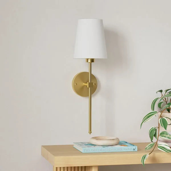 Wireless Wall Sconce with Rechargeable Battery | Brass Finish Fabric Shade | USB Charging, No-Drill Adhesive Mount