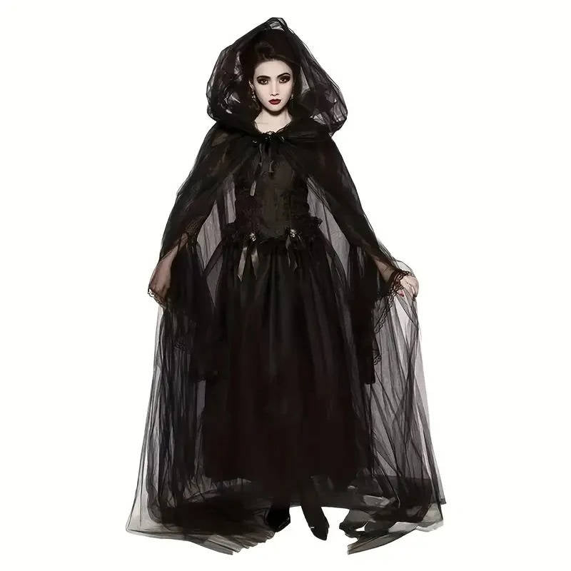 Women's Witch Cape Costume Halloween | Hooded Tulle Cloak Layered Design | Lightweight Machine Washable Fabric