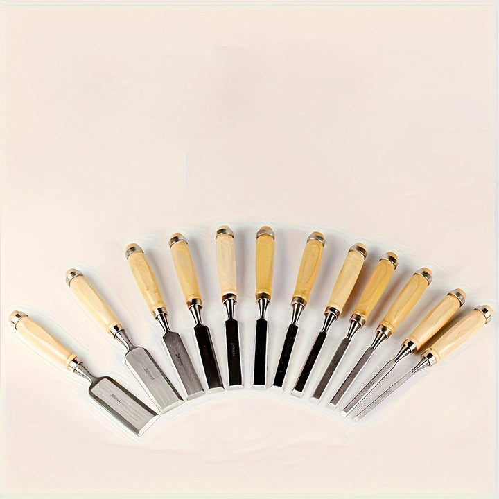 Wood Chisel Set Chromium-Vanadium Steel | 12-Piece Beech Wood Handles | Precision Woodworking Tool Set for Clean Controlled Cuts