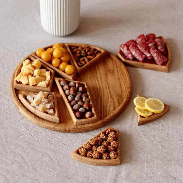 Wood Serving Tray | Round Divided Snack &amp; Charcuterie Platter Board