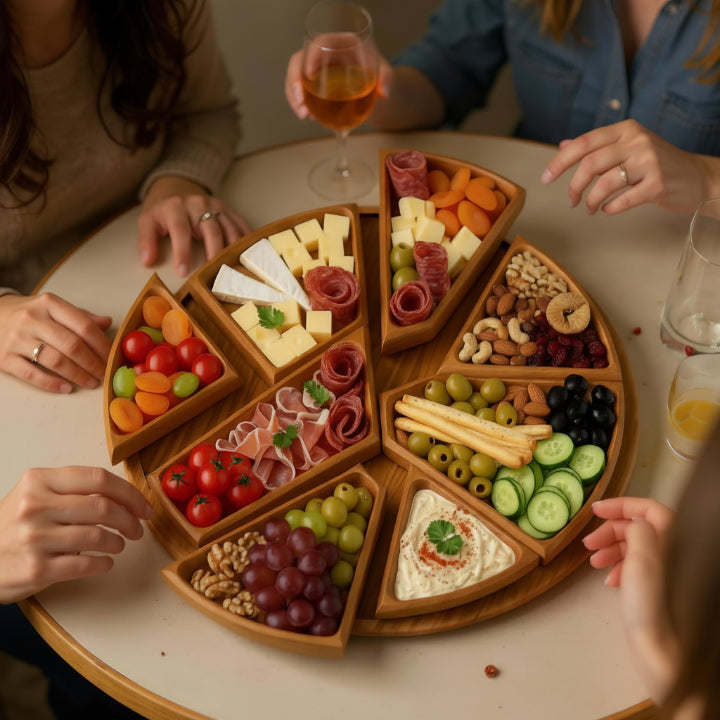 Wood Serving Tray | Round Divided Snack &amp; Charcuterie Platter Board