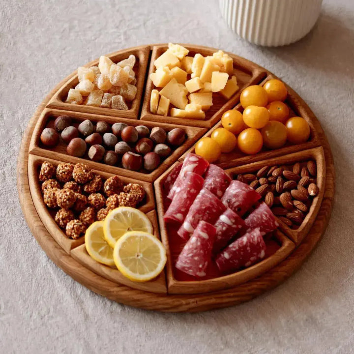 Wood Serving Tray | Round Divided Snack &amp; Charcuterie Platter Board