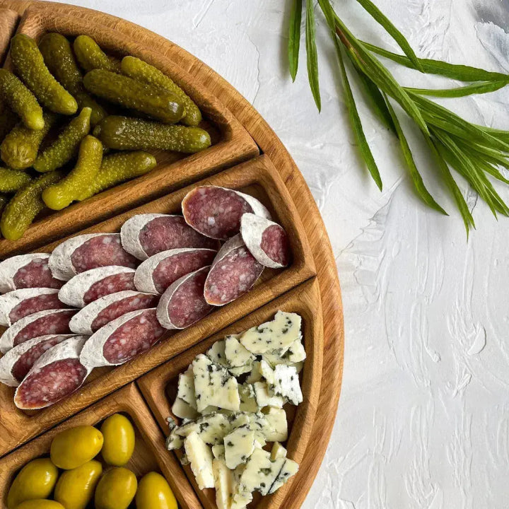 Wood Serving Tray | Round Divided Snack &amp; Charcuterie Platter Board