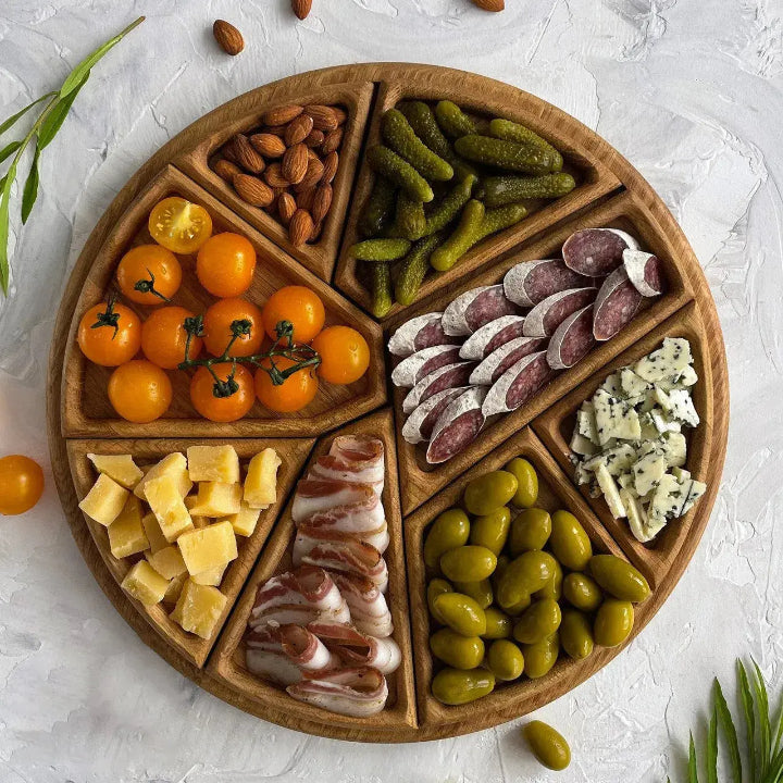 Wood Serving Tray | Round Divided Snack & Charcuterie Platter Board