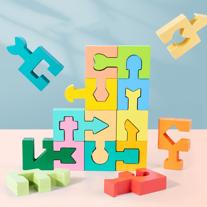 Wooden Building Blocks Geometric Shapes Chunky Multicolour with Rounded Edges