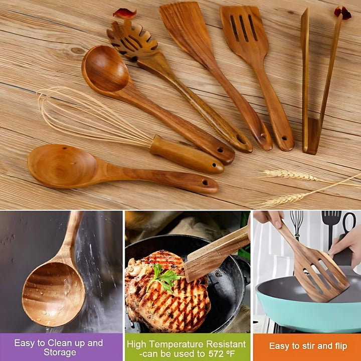 Wooden Cooking Utensils Set | 7 Piece Non Scratch Kitchen Tool Set | Heat Resistant Comfort Grip for Non Stick Cookware