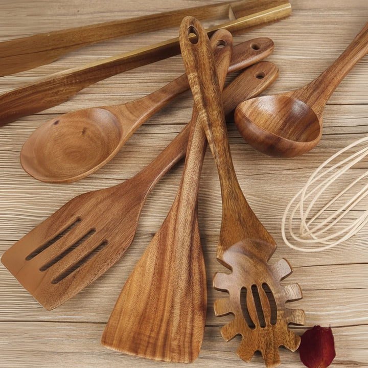 Wooden Cooking Utensils Set | 7 Piece Non Scratch Kitchen Tool Set | Heat Resistant Comfort Grip for Non Stick Cookware