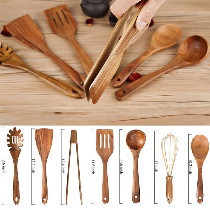 Wooden Cooking Utensils Set | 7 Piece Non Scratch Kitchen Tool Set | Heat Resistant Comfort Grip for Non Stick Cookware