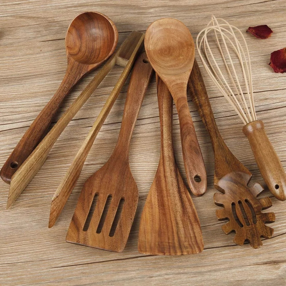 Wooden Cooking Utensils Set | 7 Piece Non Scratch Kitchen Tool Set | Heat Resistant Comfort Grip for Non Stick Cookware