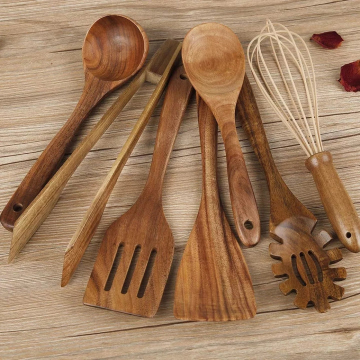 Wooden Cooking Utensils Set | 7 Piece Non Scratch Kitchen Tool Set | Heat Resistant Comfort Grip for Non Stick Cookware