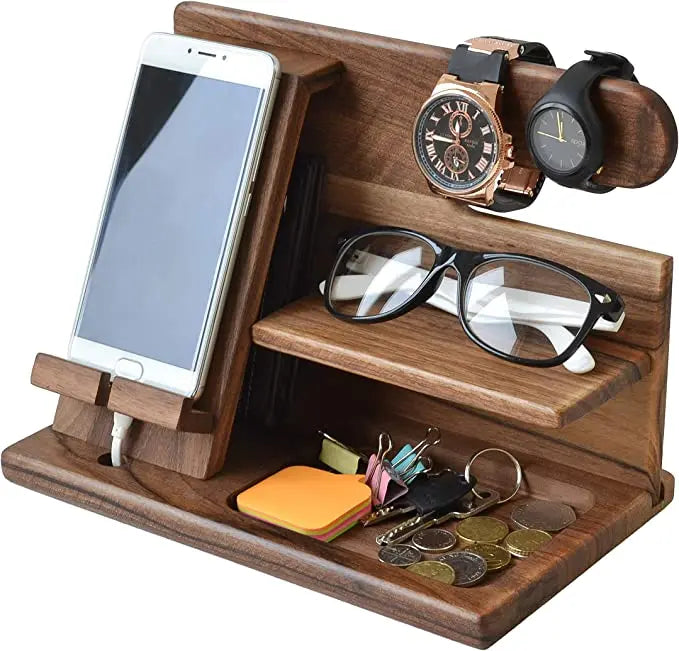 Wooden Desk Organiser Solid Walnut | Phone Stand with Charging Channel | Keeps Keys, Glasses & Watch Tidy & Accessible