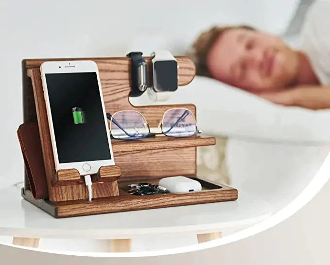 Wooden Desk Organiser Solid Walnut | Phone Stand with Charging Channel | Keeps Keys, Glasses &amp; Watch Tidy &amp; Accessible