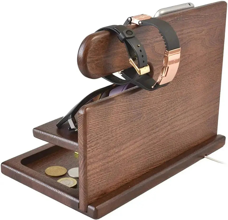 Wooden Desk Organiser Solid Walnut | Phone Stand with Charging Channel | Keeps Keys, Glasses &amp; Watch Tidy &amp; Accessible
