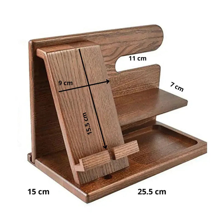 Wooden Desk Organiser Solid Walnut | Phone Stand with Charging Channel | Keeps Keys, Glasses &amp; Watch Tidy &amp; Accessible