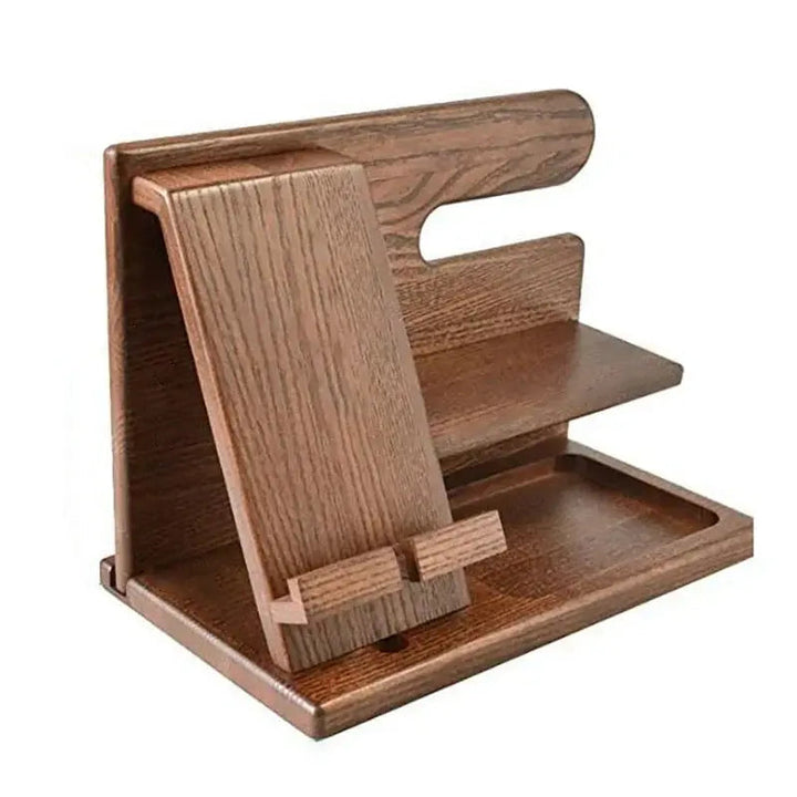 Wooden Desk Organiser Solid Walnut | Phone Stand with Charging Channel | Keeps Keys, Glasses &amp; Watch Tidy &amp; Accessible