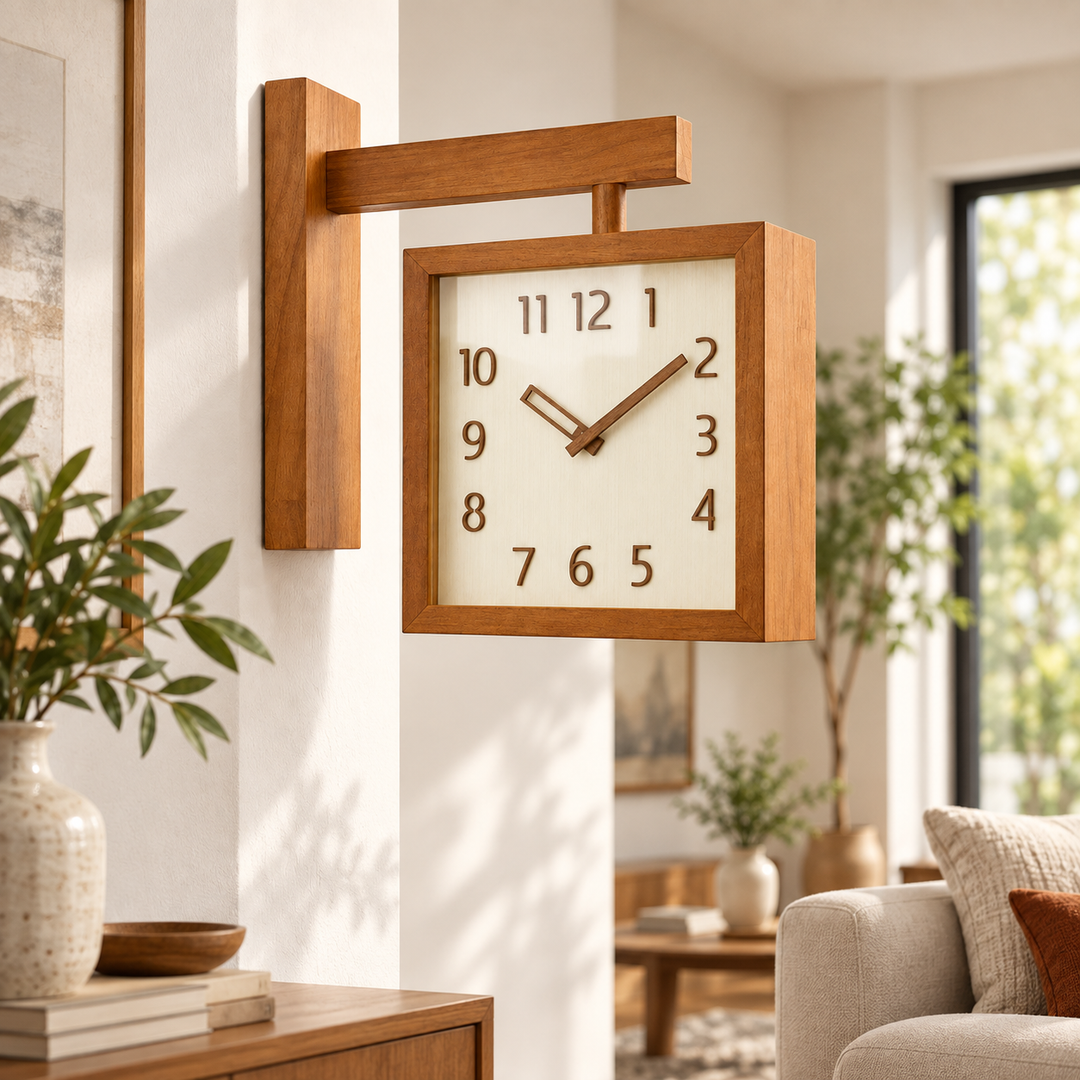 Wooden Wall Clock Battery Operated Dual-Sided with Pendulum Movement
