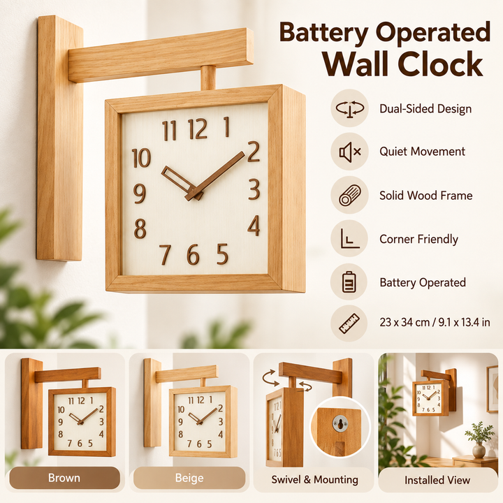 Wooden Wall Clock Battery Operated Dual-Sided with Pendulum Movement