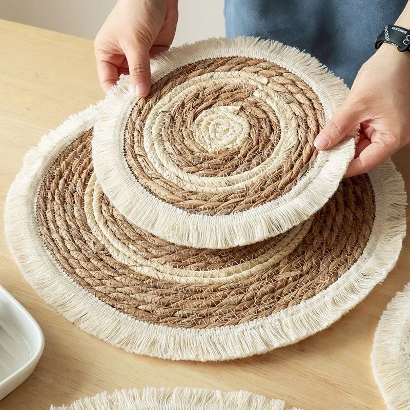 Woven Straw Placemat with Tassel Trim | Thick Handwoven Bohemian Design | Protects Table from Heat, Spills & Stains
