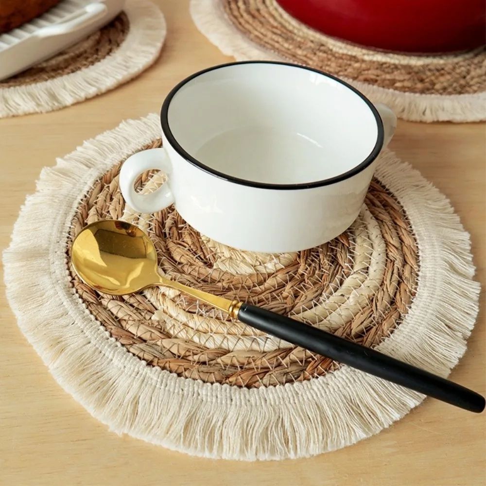 Woven Straw Placemat with Tassel Trim | Thick Handwoven Bohemian Design | Protects Table from Heat, Spills & Stains