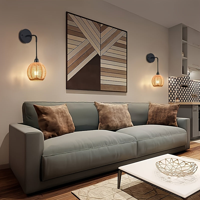 Handwoven Rattan Wall Lamp | Adjustable Arm Metal Frame Sconce | Warm Ambient Bedside & Living Room Wall Light 2