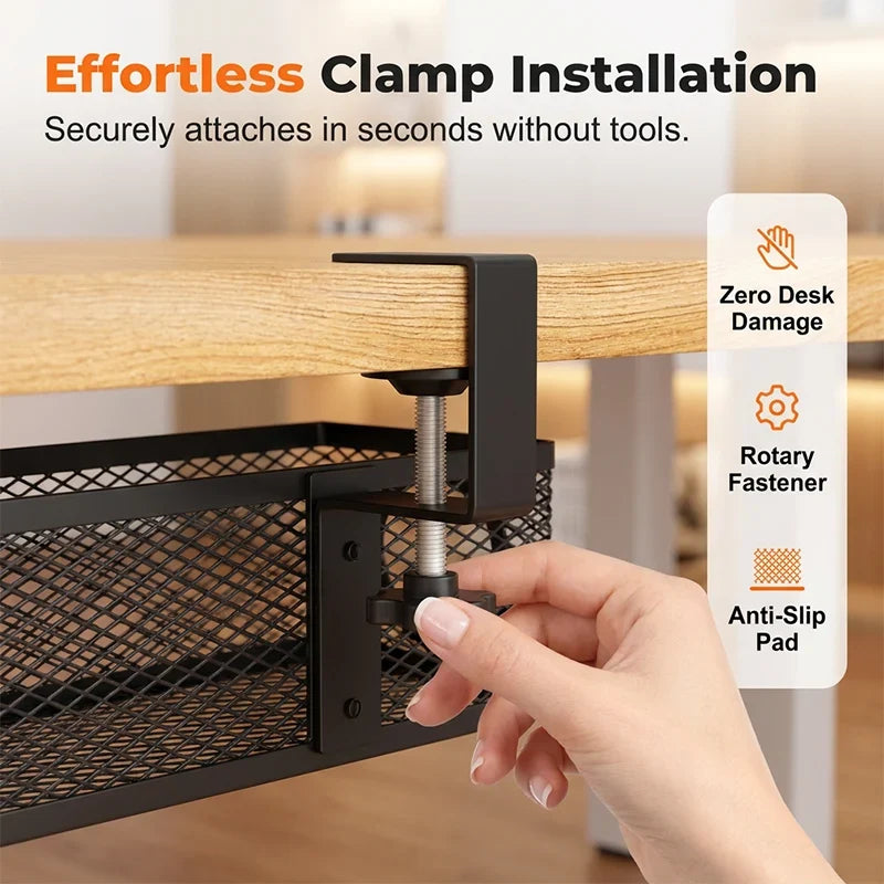 No-Drill Under-Desk Cable Management Tray Mesh Clamp Mount 2