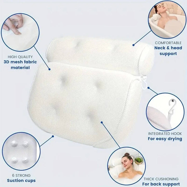 Bath Pillow 3D Mesh Fabric | 6 Suction Cups for Neck and Back Support | Quick Dry Non-Slip Tub Cushion with Hook 4