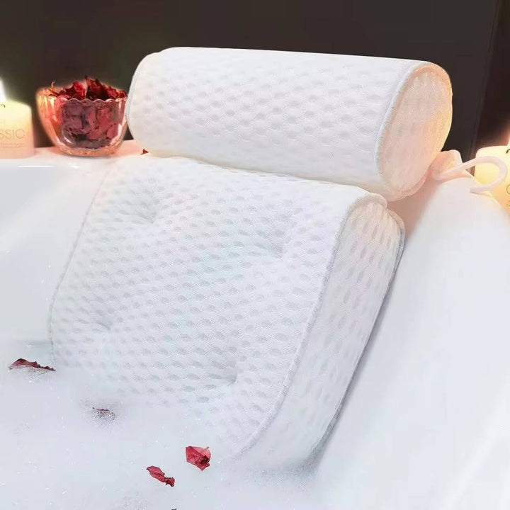 Bath Pillow 3D Mesh Fabric | 6 Suction Cups for Neck and Back Support | Quick Dry Non-Slip Tub Cushion with Hook 6