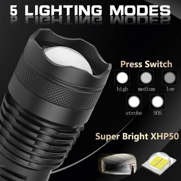 90,000 Lumens LED Flashlight | Telescopic Zoom, 3 Modes | Rechargeable, Impact-Resistant, IPX-6 Waterproof Aluminium Body 2