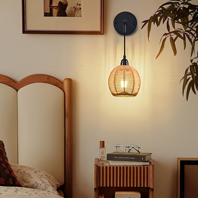 Handwoven Rattan Wall Lamp | Adjustable Arm Metal Frame Sconce | Warm Ambient Bedside & Living Room Wall Light 1