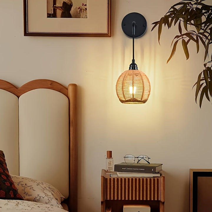 Handwoven Rattan Wall Lamp | Adjustable Arm Metal Frame Sconce | Warm Ambient Bedside &amp; Living Room Wall Light 1