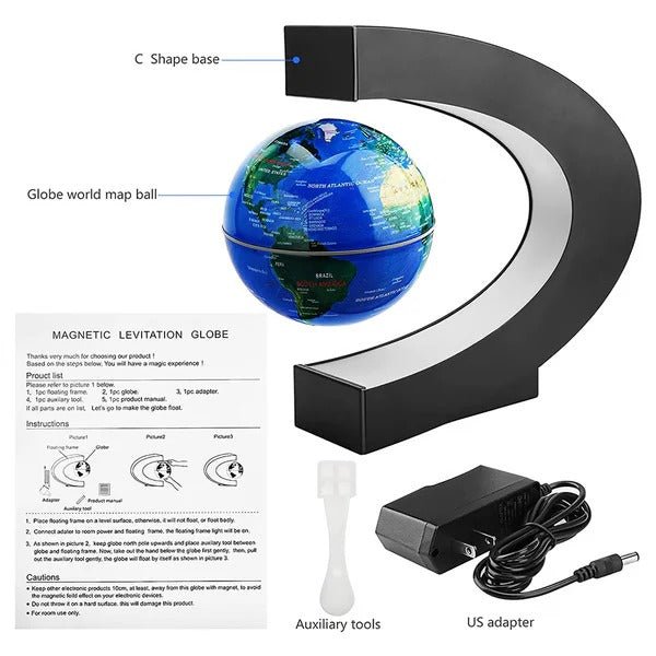 Levitation Globe with LED Light | Magnetic Floating C-Shaped Frame | Rotating Desk Decor Lamp for Home or Office 5