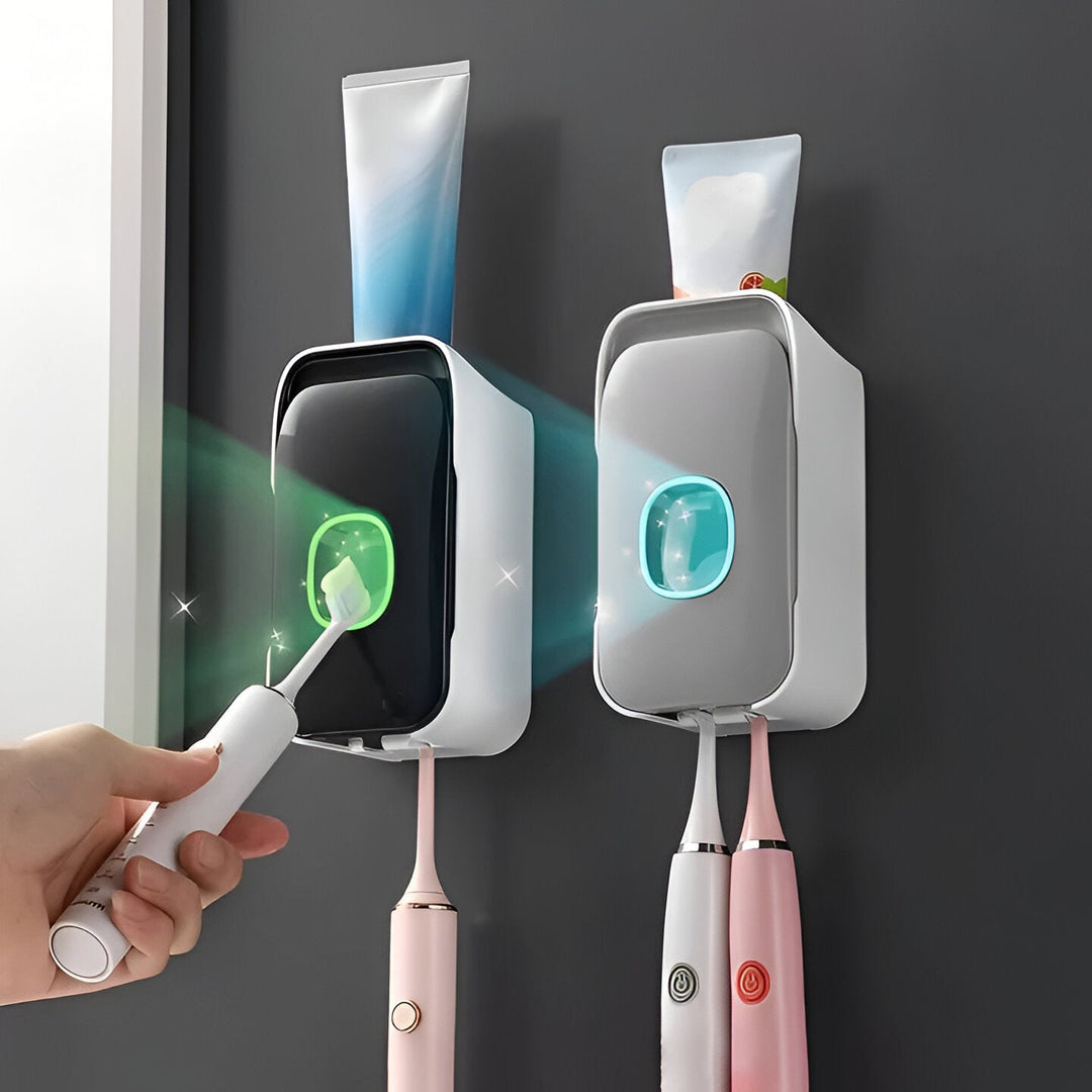 Automatic Toothpaste Dispenser Wall Mounted | Built-In Light &amp; Toothbrush Storage | Adhesive No-Drill Installation 4