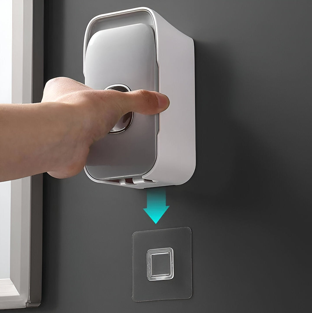 Automatic Toothpaste Dispenser Wall Mounted | Built-In Light &amp; Toothbrush Storage | Adhesive No-Drill Installation 3